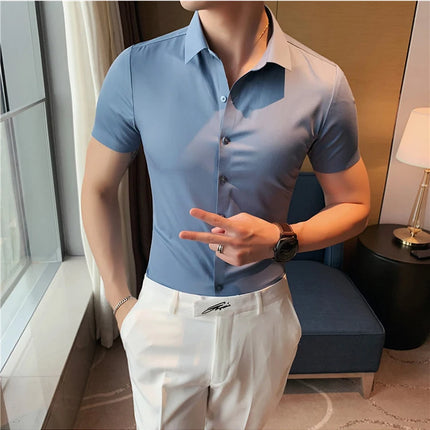 2025 Summer Ice Silk Seamless Shirt High Quality Silky Smooth Short Sleeve Slim Casual Business Tuxedo Shirts Mens Clothing 4XL
