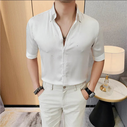 Summer New Powder Shiny Shirts Fashion Men's V-neck Half Sleeve Slim Fit Casual Shirts Social Personality  Top Club Outfits