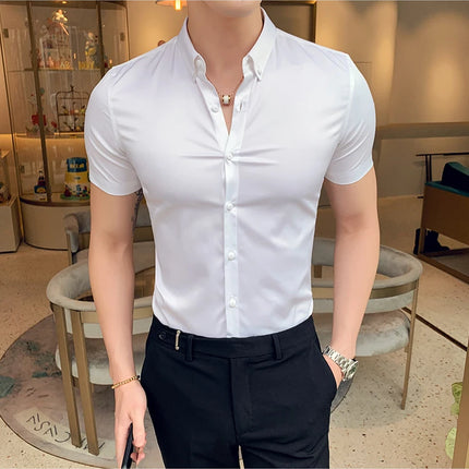 Neckline Embroidery Shirts Men Summer Short Sleeve Slim Fit Casual Shirt Men Solid Color Business Party Dress Shirt Streetwear