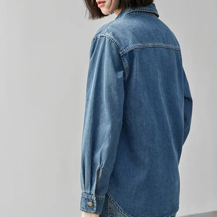 SENTUBILA 100% Cotton Washed Denim Jacket for Women 2025 Spring Retro Loose Patchwork Pockets Leather Logo Coat W43C56148