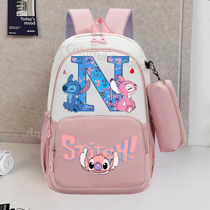 Disney Stitch Backpack with Pencil Bag for Students Anime High-capacity Schoolbag Boys Girls Letter A-Z Printed Backpacks Gifts