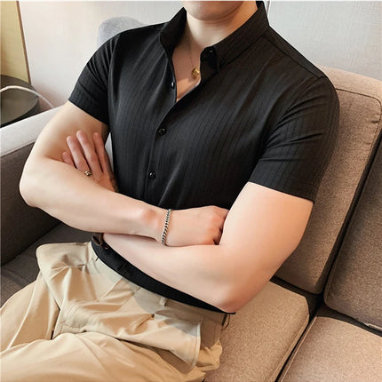 Plus Size 4XL-M Summer Mens Dark Striped Shirts Short Sleeve Fashion 2022 Korean Slim Fit Casual Business Formal Wear Blouse
