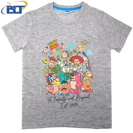 Disney Toy Story Land To Infinity and Beyond 1995 Printed Kids T-shirt Pure Cotton Short Sleeve Cartoon Top for Boys and Girls