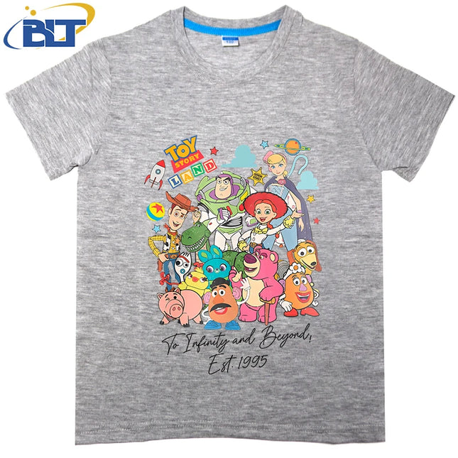 Disney Toy Story Land To Infinity and Beyond 1995 Printed Kids T-shirt Pure Cotton Short Sleeve Cartoon Top for Boys and Girls