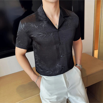 New Chinese Jacquard Shirt Luxury Men Elegant Print Slim Fit Casual Prom Social Shirts High Quality Summer Short Sleeved Tuxedo