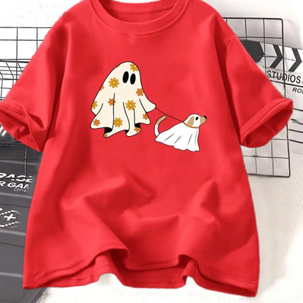 Сute Ghost Dog T-Shirt Women Men Dog Lovers Halloween Tshirts Spooky Season Fall Graphic Tee Retro Cotton Short Sleeve Tshirt