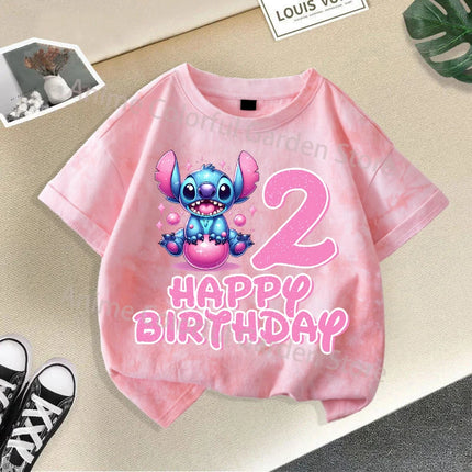 Disney Stitch Tie-dye T-shirts for Children Anime Cartoon Number Printed Short Sleeved Shirt Boys Girls Summer Fashion Top Gifts