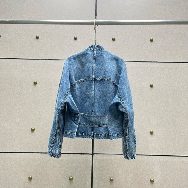 Spring New Round Collar Zipper Double Pocket Denim Coat for Women's Fashion Back Waist Make Old Washed Water Blue Coat
