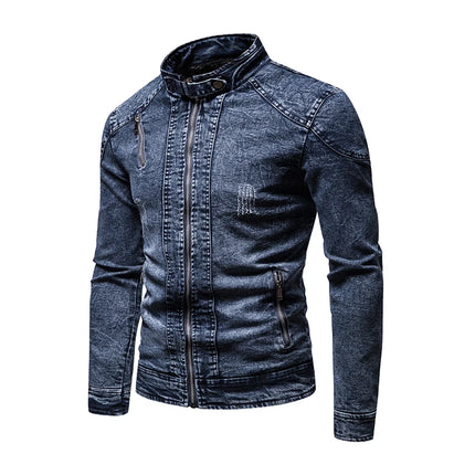 Cowboy jacket men's retro style personalized slim fit stand up collar zipper warm workwear jacket motorcycle riding suit