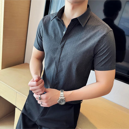 2024 Summer Fashion Vertical Striped Shirts Luxury Men's Hidden Button Short Sleeved Slim Fit Casual Business Shirt Men Clothing