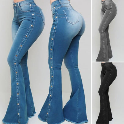 Women Wide Leg Flare Denim Trousers Sexy Jeans Trousers Washed Flare Jeans Breathable Stretchy Rivet Decor Denim Flare Jeans
