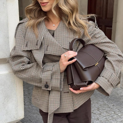 Talenza Autumn Winter Women Jacket Vintage Plaid Fashion Stand Collar Button-Up Coats New Streetwear Commuter Female Outerwear