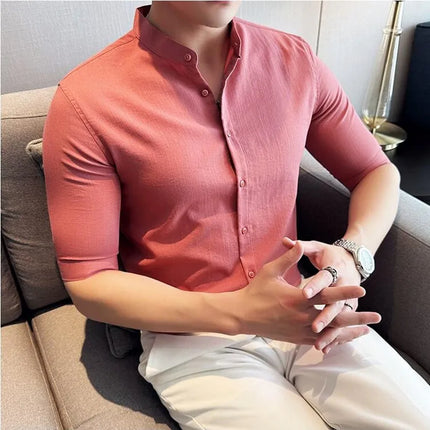 2024 Summer New Chinese Style Linen Shirts Men's Half sleeve Stand-Up Collar Linen Cotton Business Casual Slim Versatile Shirts