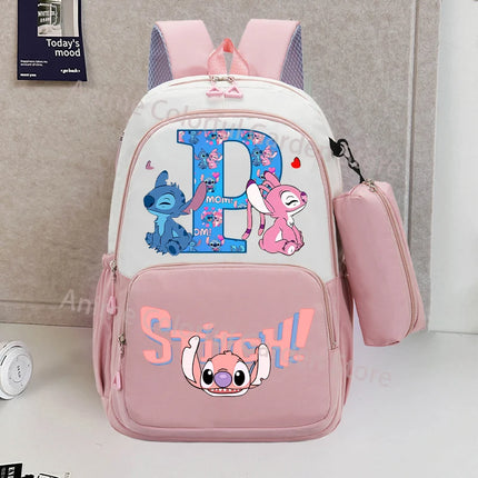 Disney Stitch Backpack with Pencil Bag for Students Anime High-capacity Schoolbag Boys Girls Letter A-Z Printed Backpacks Gifts
