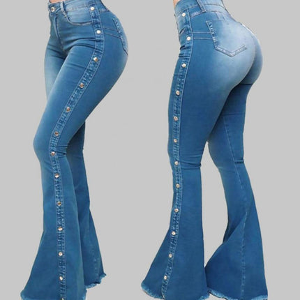 Women Wide Leg Flare Denim Trousers Sexy Jeans Trousers Washed Flare Jeans Breathable Stretchy Rivet Decor Denim Flare Jeans