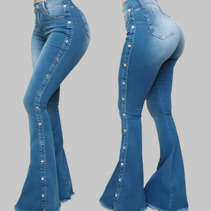 Women Wide Leg Flare Denim Trousers Sexy Jeans Trousers Washed Flare Jeans Breathable Stretchy Rivet Decor Denim Flare Jeans