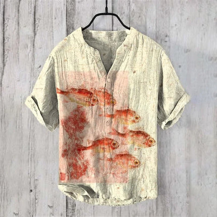 New bamboo linen 100% men's short-sleeved casual street beach V-neck short-sleeved shirt New Hawaiian linen shirt hill print shi