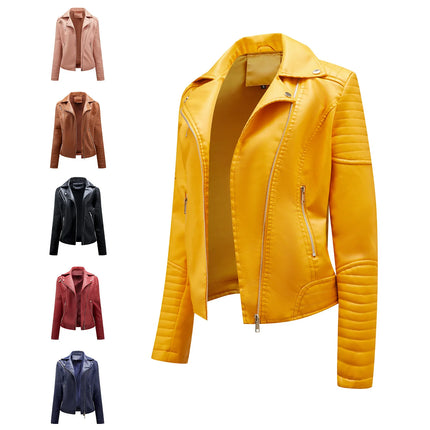 Spring and Autumn short women's leather jacket, Slim lapel biker suit, oblique zipper jacket women's coat