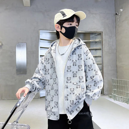 Spring Autumn Boys All-Over Printed Zip Sweatshirt Jackets School Kids Track Hoodie Coat Child Outfit Tops Workout Jumper 3-14Yr