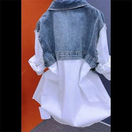 Women Denim Jacket Fake Two Denim Shirts 2025 New Spring Summer Autumn Casual Fashion Joker Stitching Striped Tops Coat Female