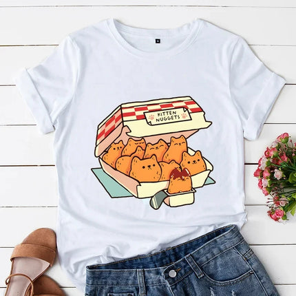 Kitten Nuggets Fast Food Cat Print Women T Shirt Duck with Knife Cartoon T-shirts Duck Around and Find Out Funny Tshirt Tops Y2k
