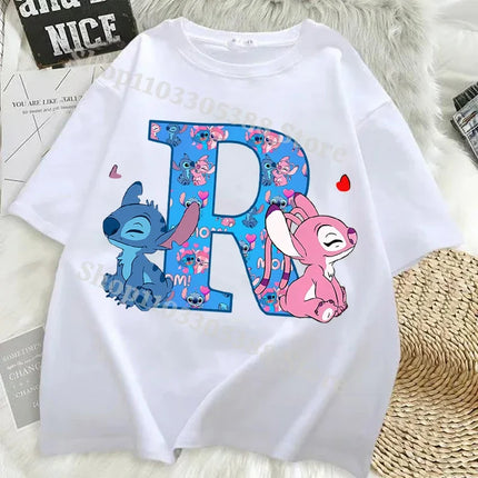 Disney Stitch T-shirts for Women Men Anime Letter A-Z Printed Short Sleeved Shirt Female Male Summer Fashion Top Adults Clothes