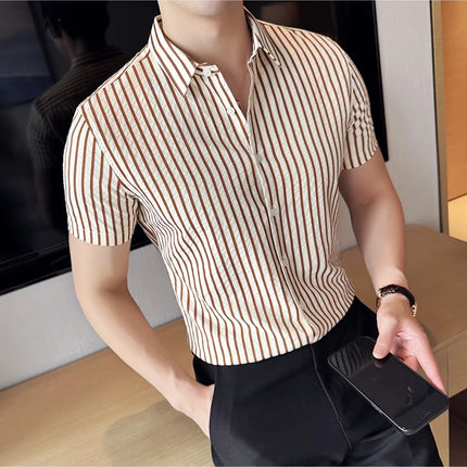 2025 Summer Fashion Vertical Striped Shirts Luxury Men's Short Sleeved Slim Fit Casual Pleated Business Shirt Men Clothing 4XL-M