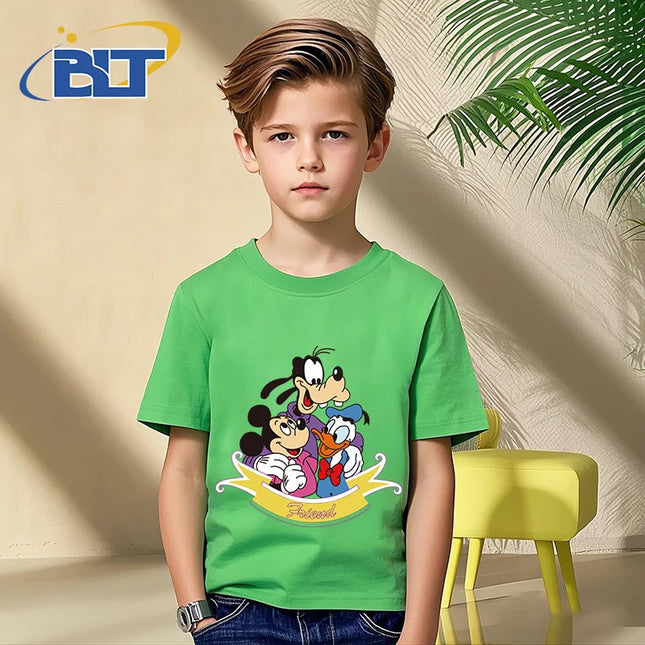 Disney Mickey Mouse and Friends print kids T-shirt pure cotton short-sleeved green top cartoon children's clothing for boys