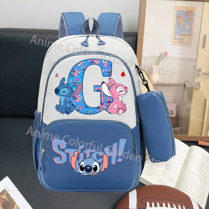 Disney Stitch Large Capacity Backpack with Pencil Bag Cartoon Letter A-Z Printed Fashion Schoolbag Book Stationery Storage Bags