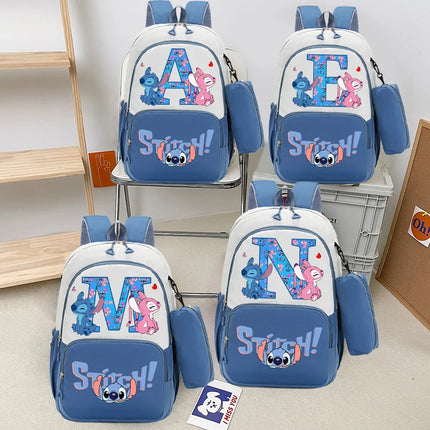 Disney Stitch Large Capacity Backpack with Pencil Bag Cartoon Letter A-Z Printed Fashion Schoolbag Book Stationery Storage Bags