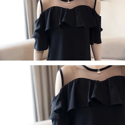 Mesh Chiffon Bluse Sommer Kurzarm Rüschen Tops Sexy Off Shoulder Shirt