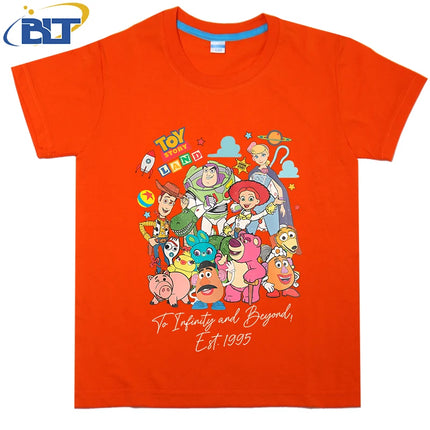 Disney Toy Story Land To Infinity and Beyond 1995 Printed Kids T-shirt Pure Cotton Short Sleeve Cartoon Top for Boys and Girls