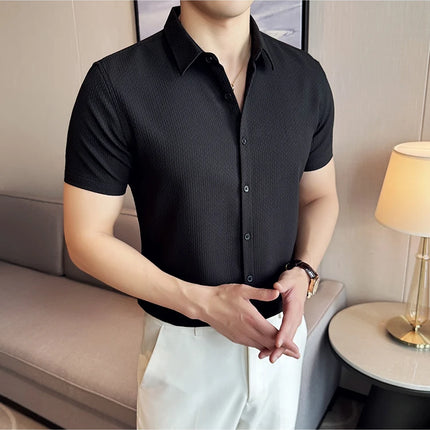 2024 Summer Waffle Shirt Luxury Men's Slim Fit Casual Short Sleeved Business Versatile Dress Shirt Men Clothing Plus Size 4XL-M