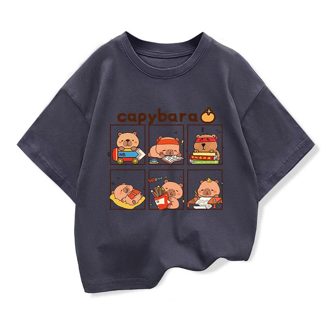 Children Short Sleeved Tees tshirt Cute Capibara Kids Cotton O-neck Casual Tops Loose T-shirt For Summer Teen Boys Clothes