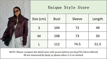 Women Red Wine Leather Short Jackets With Belt Vintage Turndown Collar Long Sleeve Coats 2024 Female Chic Streetwear Cardigan