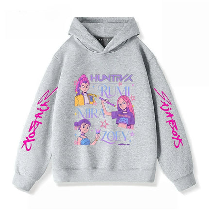 Gray Hoodies Trendy Casual Clothing Long Sleeve For Girls Child K-pop Demon Hunters Clothing Toddler New Printing Hooded Tops