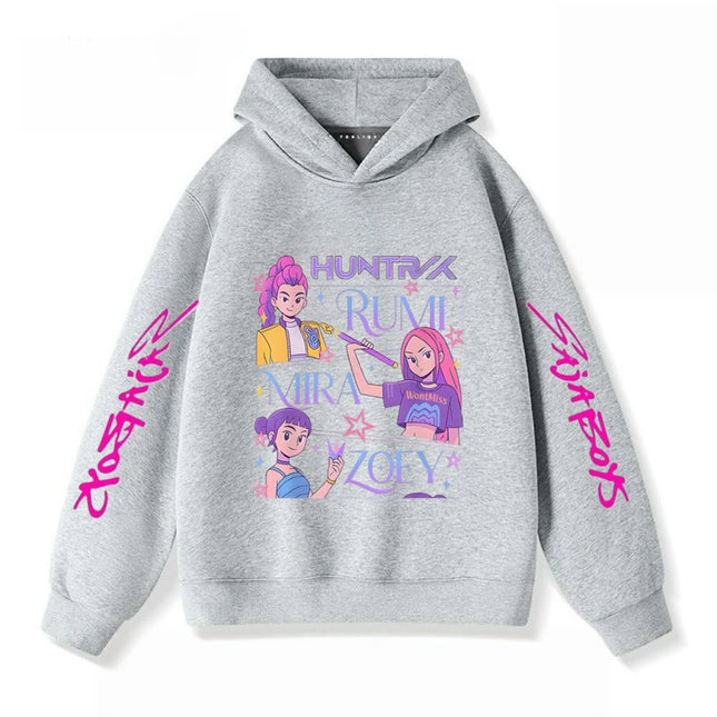 Gray Hoodies Trendy Casual Clothing Long Sleeve For Girls Child K-pop Demon Hunters Clothing Toddler New Printing Hooded Tops
