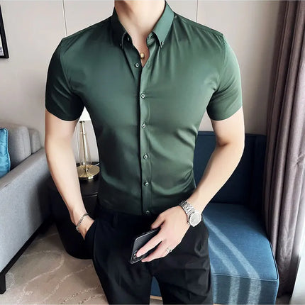 2025 Summer Solid Slim Fit Shirt High Quality Men Business Casual Short Sleeved Social Party Shirts Men Clothing Plus Size 5XL-M