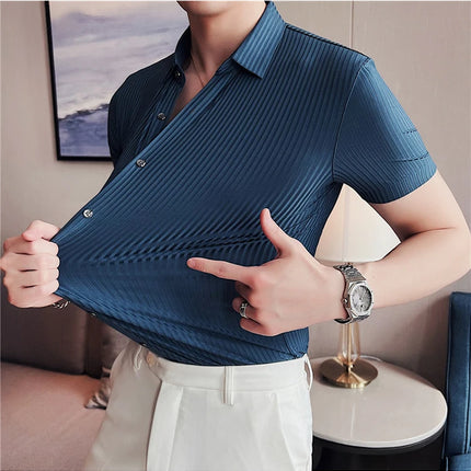 2024 Summer High Elasticity Seamless Short Sleeve Shirts Fashion Stripes Men Business Formal Wear Slim Fit Casual Dress Shirt