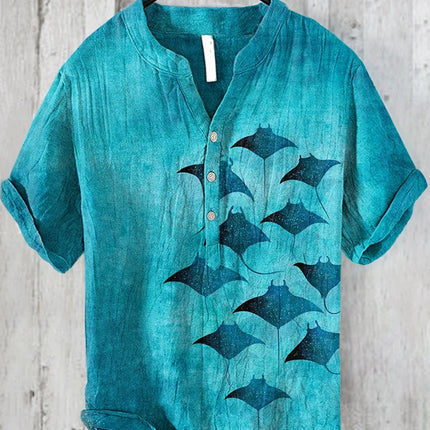 Bamboo Linen Hawaiian Shirt Tropical Style 3D Digital Printing Pine Tree Pattern Men's Short Sleeve Stand Collar Shirt