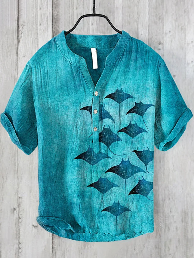 Bamboo Linen Hawaiian Shirt Tropical Style 3D Digital Printing Pine Tree Pattern Men's Short Sleeve Stand Collar Shirt