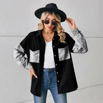 Washed Denim Jacket For Women Blouse Tops Long Sleeve Leopard Print Lady Shirt Casual Pocket Spring Women's Jean Cardigans