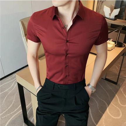 New Summer Men's Short Sleeve Shirt Fashion Business Slim Solid Color Shirt Formal Social Party Casual Dress Men's Clothing 7XL