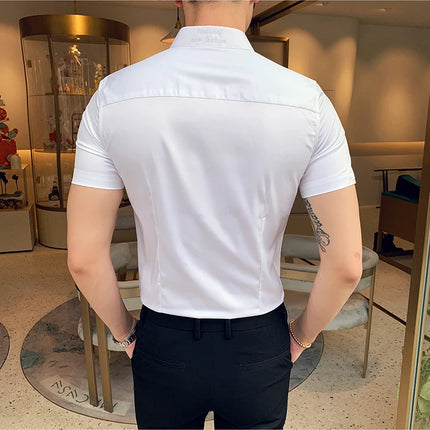 Neckline Embroidery Shirts Men Summer Short Sleeve Slim Fit Casual Shirt Men Solid Color Business Party Dress Shirt Streetwear