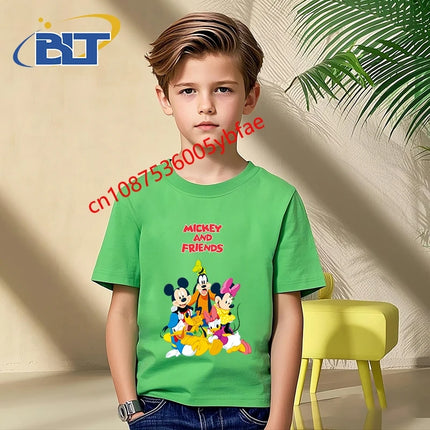 Disney Mickey Mouse and Friends print kids T-shirt pure cotton short-sleeved green top cartoon children's clothing for boys