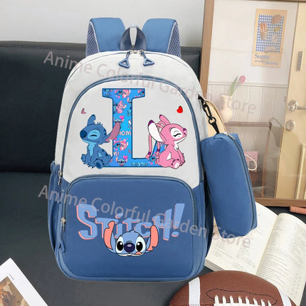 Disney Stitch Large Capacity Backpack with Pencil Bag Cartoon Letter A-Z Printed Fashion Schoolbag Book Stationery Storage Bags