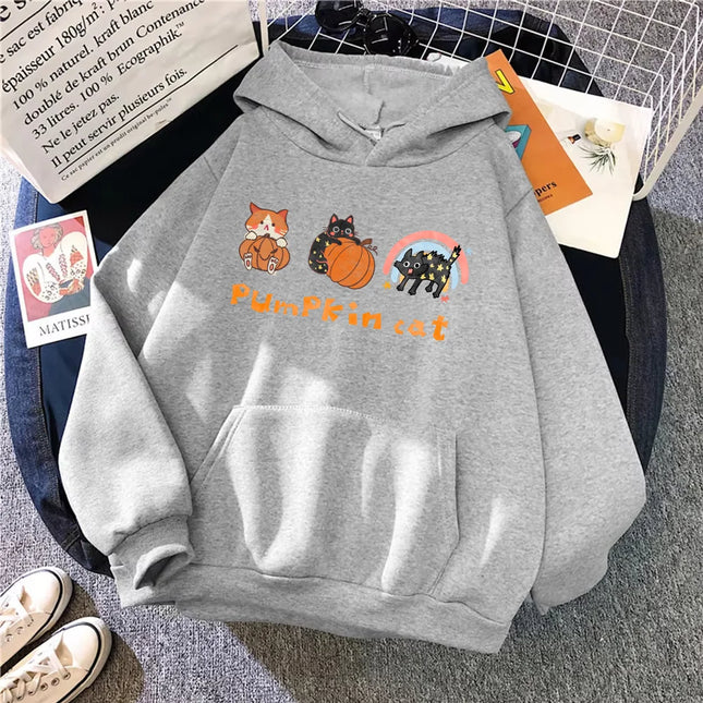 2024 Women Halloween Sweatshirt Cat And Pumpkin Pattern Cotton Drawstring Jumper Hoodie Unisex Fashion Casual Loose Sportshoodie