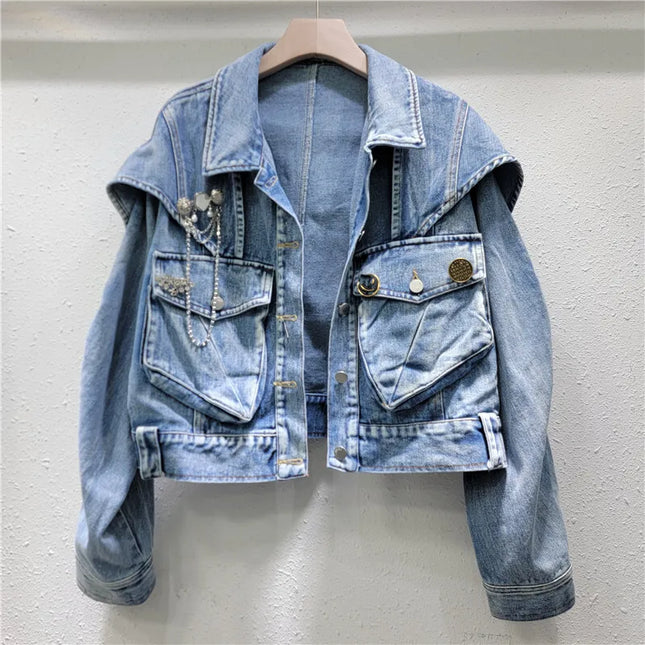 WTHT Fashion Women Metal Chain Decoration 3D Pocket Cargo Denim Jacket 2025 Summer Trendy Lapel Long Sleeves Coat Female 1LS1390