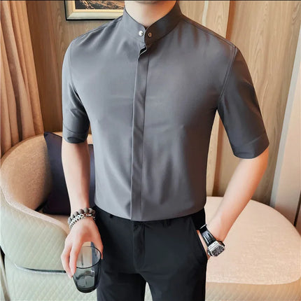 Summer New Standing Collar Half Sleeve Shirts For Men Invisible Button Up Design Slim Casual Business Social Shirt Club Outfits