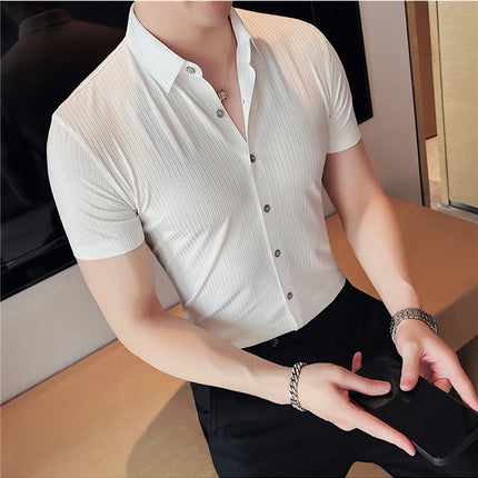 2024 Summer High Elasticity Seamless Short Sleeve Shirts Fashion Stripes Men Business Formal Wear Slim Fit Casual Dress Shirt